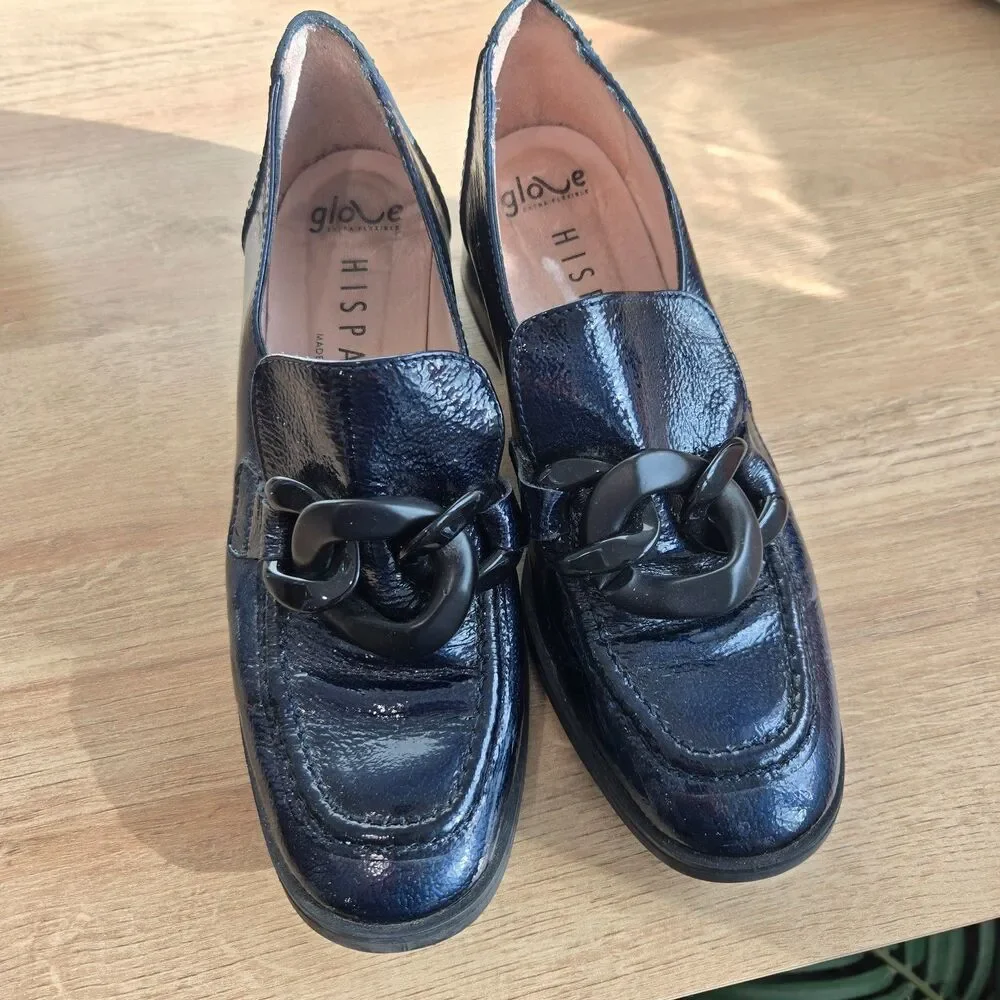 Hispanitas Charlize Blue Patent Leather Loafers 37/6-6.5‎ Chain Detail 2